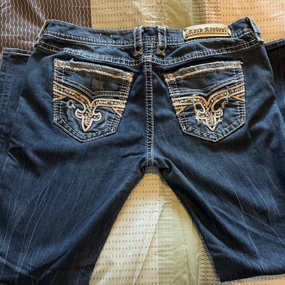 Rock Revival Dark Blue Jeans with Embroidered Rhinestone Pockets